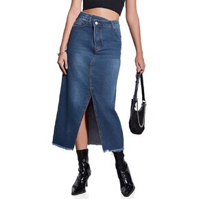 Fisoew Women's High Waisted Denim Maxi Skirts Frayed Hem Split Front Jean Skirts with Pockets