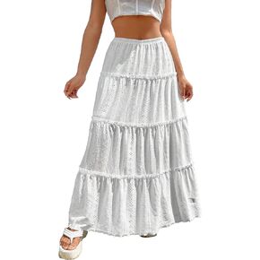 Narecte Women's Maxi Skirt Summer Boho High Waist Pleated A-Line Flowy Ruffle Swing Tiered Long Beach Skirt Dress 2024