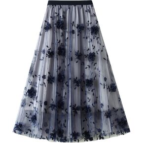ABAFIP Women's Floral Embroidered Tulle Skirt Elastic High Waist Mesh Tutu A-Line Embroidery Midi Long Skirts