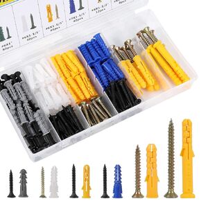 220PCS Plastic Drywall Anchors Kit with Screws,110PCS Wall Anchors and 110PCS Philips Flat Head Screws, Includes 5 Different Assorted Size Anchors and Screws with Organizer Box