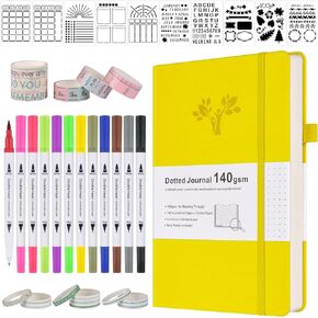 Bullet Dotted Journal Kit, 140gsm Hardcover A5 Dotted Journal with 188 Numbered Pages and 3 Index, 12 Brush Pens Dual Tip, 10 Stencils and 14 Washi Tape for Women Men Teen Girls, Pink