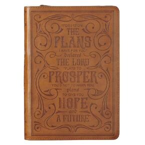 Classic Faux Leather Journal For I Know The Plans Jeremiah 29:11 Bible Verse Bible Verse Brown Inspirational Notebook, Lined Pages w/Scripture, Ribbon Marker, Zipper Closure