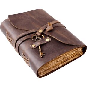 Vintage Leather Journal - Antique Handmade Deckle Edge Vintage Paper Leather Bound Journal - Book of Shadows Journal - Leather Sketchbook - Drawing Journal - Great Gift (Red Brown, 9"x6")