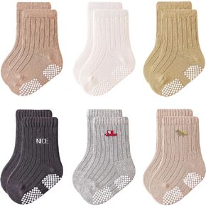 Baby Toddler Socks with Grips Kids Girl Boy Crew Ankle Socks Cotton 0-5T 6 Pack