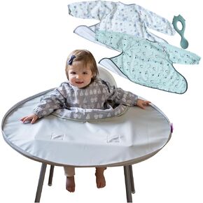 Tidy Tot- Bib & Tray Kit Baby Feeding Set - 3 Mess Proof Long Sleeve Smocks Attaches to Feeding Mat - Waterproof Bibs