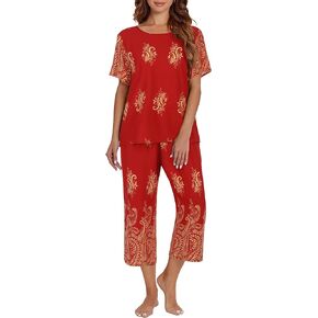 Ekouaer Women's Capri Pajama Sets Short Sleeve Shirt and Capri Pants with Pockets Sleepwear Pjs Sets