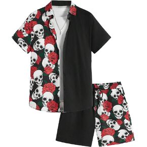 WDIRARA Men's 2 Piece Floral Outfits Skeleton Skull Print Short Sleeve Button Shirt and Shorts Set