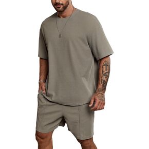 Floerns Men's 2 Piece Outfit Solid Drop Shoulder Tee Shirt and Track Shorts Set