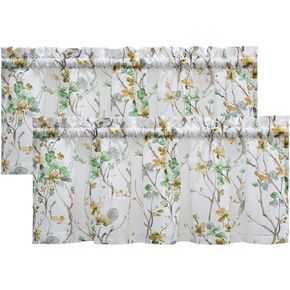 Printed Valance Linen Textured for Living Room Floral Leaf Design Sheer Curtains Farmhouse Style Window Panel Drapes Set Rod Porket Treatment for Bedroom, Dining, 52 x 18 inch, Blue