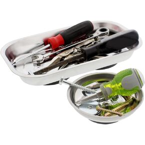 ABN 2pk Magnetic Tool Tray Set - 9In Rectangle and 4in Round Steel Mechanics Magnetic Parts Trays to Store and Organize Screws Nuts Bolts and Small Tools