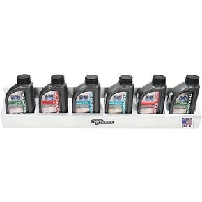Pit Posse 304 Six Quart Oil Can Rack Holder 32" Caddy Wall Hanger Aluminum Shelf - Made in USA - Holds 6 Quarts of Motor Engine Oil - Enclosed Race Trailer Shop Garage Storage Organizer (Silver)