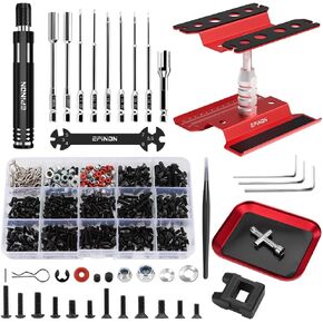 RC Car Repair Work Stand Repair Tool Set 360 Degree Rotation and 520 Pcs RC Screws Kit and RC Screwdrivers and Screws Pallet for 1/8 1/10 1/12 1/16 1/18 RC Car Crawler Truck Buggy (Red)