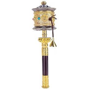 Copper Large Hand Held Prayer Wheel with Tibetan Buddhist Six-Character Truth Premium Buddha Scriptures, Wooden Handle Prayer Wheel for Praying, Blessing, Meditation, Healing, Relaxing, Yoga