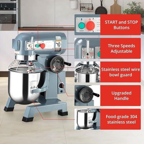 10QT Commercial Food Mixer with Timing Function, Heavy Duty Commercial Mixer 450W, Stainless Steel Bowl Commercial Electric Food Mixer with 3 Speeds Adjustable, Perfect for Bakery Pizzeria in Kuwait