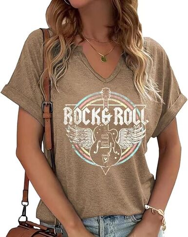 تي شيرت Vintage Rock Band للنساء، تي شيرتات موسيقية عصرية، كاجوال مثير، تي شيرت برقبة على شكل حرف V، تي شيرت موسيقى الريف بأكمام قصيرة... in Saudi Arabia