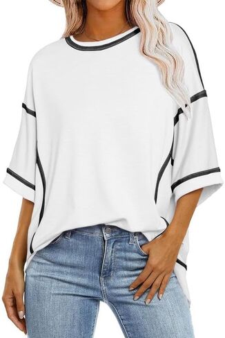 SHEWIN Women's Fashion Oversized T Shirts Casual 3/4 Sleeve Crewneck Summer Tops Tees in Saudi Arabia