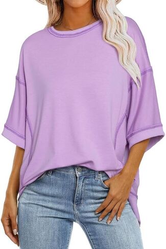SHEWIN Women's Fashion Oversized T Shirts Casual 3/4 Sleeve Crewneck Summer Tops Tees in Saudi Arabia