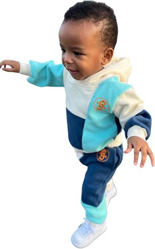 Jrue & Louis Kids Clothes Set, Colorful Color block Hooded Sweatshirt and Pants Outfit for 1-6 Years Old in Saudi Arabia