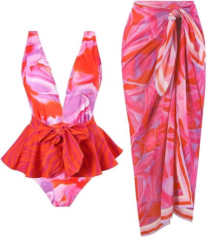 Women One-Piece Swimsuit with Cover up Wrap Skirt Sarong Bathing Suit Beach Outfit Summer in Saudi Arabia