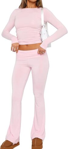 Women's Casual 2 Piece Outfits Long Sleeve Tight Cropped Top and Fold Over Flare Pants Set Lounge Yoga Tracksuits in Saudi Arabia