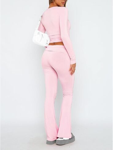 Women's Casual 2 Piece Outfits Long Sleeve Tight Cropped Top and Fold Over Flare Pants Set Lounge Yoga Tracksuits in Saudi Arabia