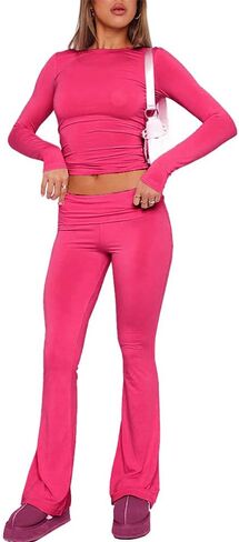Women's Casual 2 Piece Outfits Long Sleeve Tight Cropped Top and Fold Over Flare Pants Set Lounge Yoga Tracksuits in Saudi Arabia