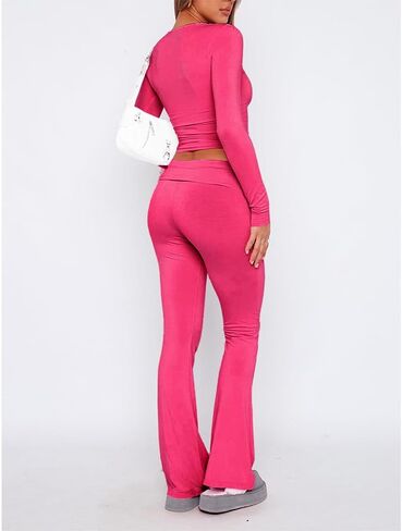 Women's Casual 2 Piece Outfits Long Sleeve Tight Cropped Top and Fold Over Flare Pants Set Lounge Yoga Tracksuits in Saudi Arabia