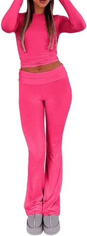Women's Casual 2 Piece Outfits Long Sleeve Tight Cropped Top and Fold Over Flare Pants Set Lounge Yoga Tracksuits in Saudi Arabia