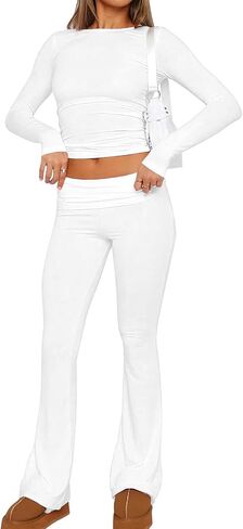 Women's Casual 2 Piece Outfits Long Sleeve Tight Cropped Top and Fold Over Flare Pants Set Lounge Yoga Tracksuits in Saudi Arabia