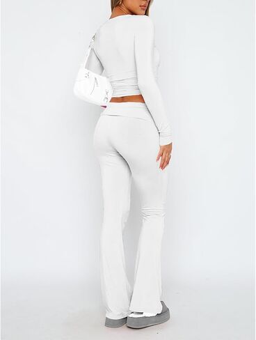 Women's Casual 2 Piece Outfits Long Sleeve Tight Cropped Top and Fold Over Flare Pants Set Lounge Yoga Tracksuits in Saudi Arabia