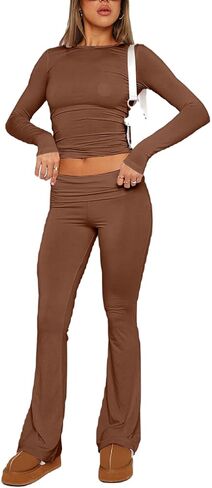 Women's Casual 2 Piece Outfits Long Sleeve Tight Cropped Top and Fold Over Flare Pants Set Lounge Yoga Tracksuits in Saudi Arabia