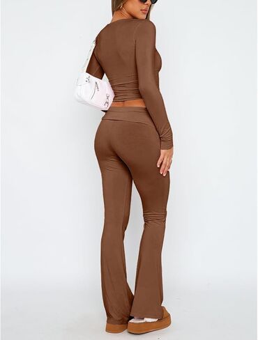 Women's Casual 2 Piece Outfits Long Sleeve Tight Cropped Top and Fold Over Flare Pants Set Lounge Yoga Tracksuits in Saudi Arabia