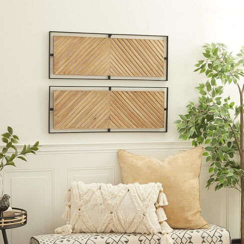 Deco 79 Wooden Geometric Home Wall Decor Linear Carved Wall Sculpture with Black Frame, Set of 2 Wall Art 32"W, 12"H, Brown in Saudi Arabia