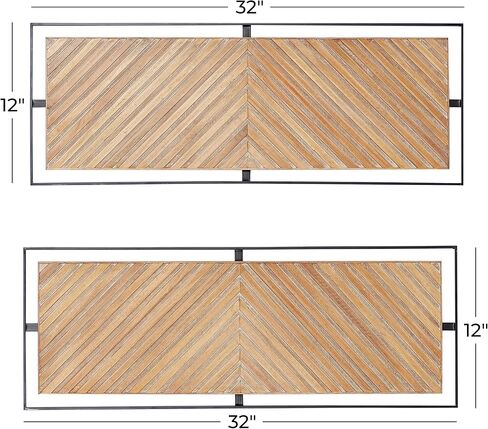 Deco 79 Wooden Geometric Home Wall Decor Linear Carved Wall Sculpture with Black Frame, Set of 2 Wall Art 32"W, 12"H, Brown in Saudi Arabia
