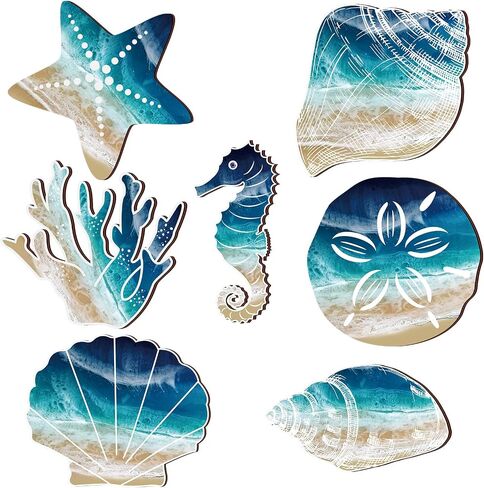 Weysat 7 Pieces Beach Wall Decor Coastal Wall Decor Rustic Bathroom Decor Seashell Starfish Wooden Bathroom Decorations Marine Nautical Coastal Ocean Decor for Home Decoration in Saudi Arabia