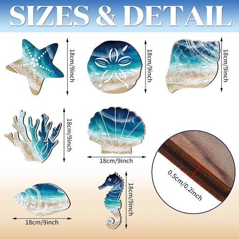 Weysat 7 Pieces Beach Wall Decor Coastal Wall Decor Rustic Bathroom Decor Seashell Starfish Wooden Bathroom Decorations Marine Nautical Coastal Ocean Decor for Home Decoration in Saudi Arabia