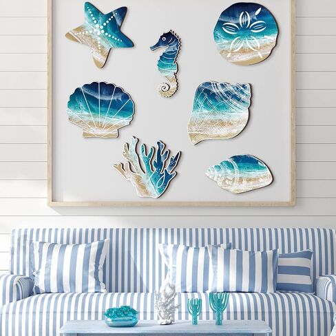 Weysat 7 Pieces Beach Wall Decor Coastal Wall Decor Rustic Bathroom Decor Seashell Starfish Wooden Bathroom Decorations Marine Nautical Coastal Ocean Decor for Home Decoration in Saudi Arabia