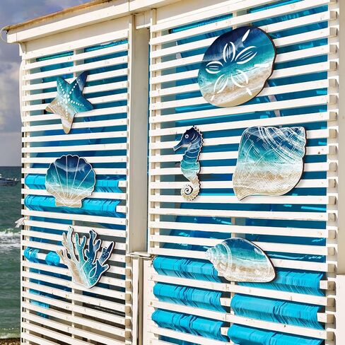 Weysat 7 Pieces Beach Wall Decor Coastal Wall Decor Rustic Bathroom Decor Seashell Starfish Wooden Bathroom Decorations Marine Nautical Coastal Ocean Decor for Home Decoration in Saudi Arabia
