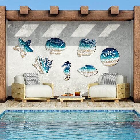 Weysat 7 Pieces Beach Wall Decor Coastal Wall Decor Rustic Bathroom Decor Seashell Starfish Wooden Bathroom Decorations Marine Nautical Coastal Ocean Decor for Home Decoration in Saudi Arabia