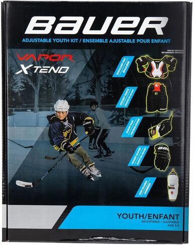 مجموعة أدوات الحماية للمبتدئين من Bauer Vapor X-Tend Youth Hockey Ice، مقاس قابل للتعديل، قفازات، سراويل، وسادات الكتف، وسادات الساق، وسادات الكوع، للأعمار من 3 إلى 9 سنوات in Kuwait