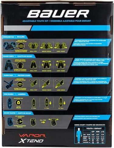 مجموعة أدوات الحماية للمبتدئين من Bauer Vapor X-Tend Youth Hockey Ice، مقاس قابل للتعديل، قفازات، سراويل، وسادات الكتف، وسادات الساق، وسادات الكوع، للأعمار من 3 إلى 9 سنوات in Kuwait