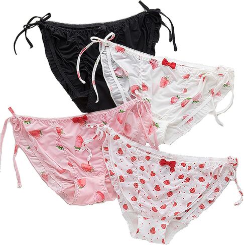 4 Pack Japanese Girl Underwear Strawberry Pattern Panties Women's undies Pants Briefs Sexy Ribbon Adjustable Sides Tie… in Kuwait