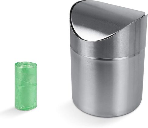 Mini Countertop Brushed Can Stainless Steel Swing Lid Trash Can Set, Come with Trash Bag, 1.5 L / 0.40 Gal Silver Color in Kuwait