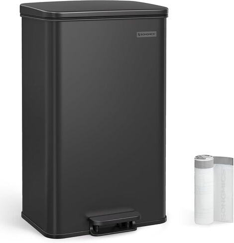 SONGMICS Kitchen Trash Can, 10.5 Gallon Garbage Can, Large Step Trash Bin with Lid, Stainless Steel, Soft Close, 15 Trash Bags Included, Black ULTB540B40 in Saudi Arabia