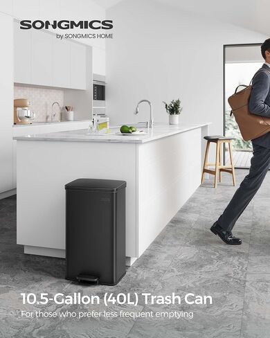 SONGMICS Kitchen Trash Can, 10.5 Gallon Garbage Can, Large Step Trash Bin with Lid, Stainless Steel, Soft Close, 15 Trash Bags Included, Black ULTB540B40 in Saudi Arabia