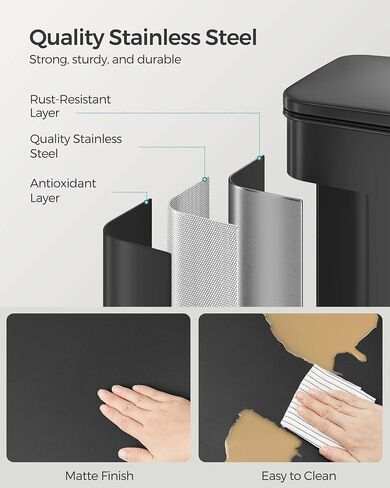 SONGMICS Kitchen Trash Can, 10.5 Gallon Garbage Can, Large Step Trash Bin with Lid, Stainless Steel, Soft Close, 15 Trash Bags Included, Black ULTB540B40 in Saudi Arabia