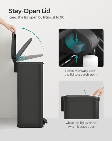 SONGMICS Kitchen Trash Can, 10.5 Gallon Garbage Can, Large Step Trash Bin with Lid, Stainless Steel, Soft Close, 15 Trash Bags Included, Black ULTB540B40 in Saudi Arabia