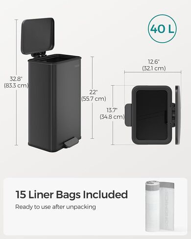 SONGMICS Kitchen Trash Can, 10.5 Gallon Garbage Can, Large Step Trash Bin with Lid, Stainless Steel, Soft Close, 15 Trash Bags Included, Black ULTB540B40 in Saudi Arabia