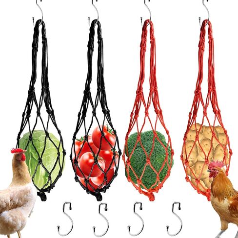 4Pcs Vegetable Hanging Feeder, Hanging Chicken Feeder, Vegetable Fruit String Bag Poultry Feeder, Chicken Toys for Coop Chick Duck Bird Feeders for Outdoor Hanging, Chicken Supplies(2 Red, 2 Black) in Saudi Arabia