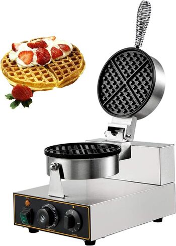 VEVOR Commercial Round Waffle Maker Nonstick 1100W Stainless Steel 110V Temperature and Time Control, Suitable for Restaurant Bakeries Snack Bar Family, Non-rotated in Saudi Arabia